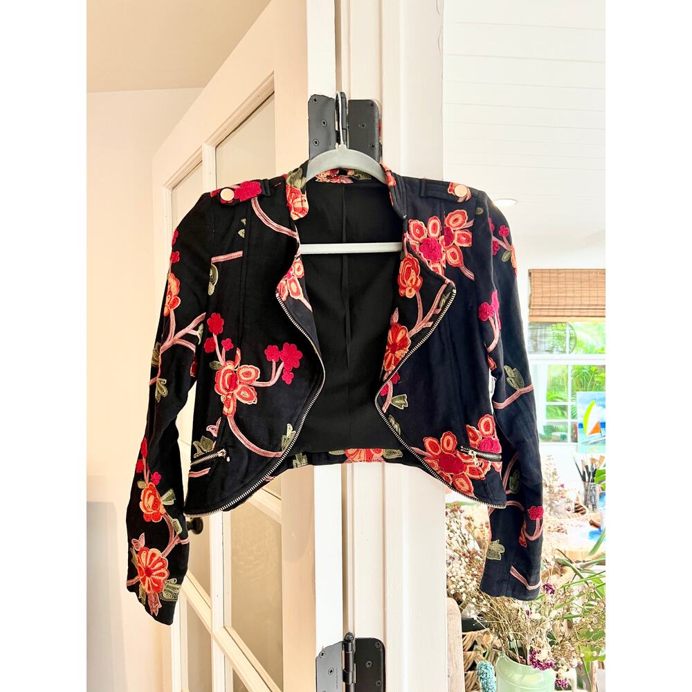 Michel Black Bolero Jacket with Floral Embroidery, Sz Small